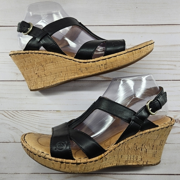 Born Womens Sandal Size 11 Wedge Heel Cork Platform‎ Black Leather Straps D65403 - Picture 6 of 10